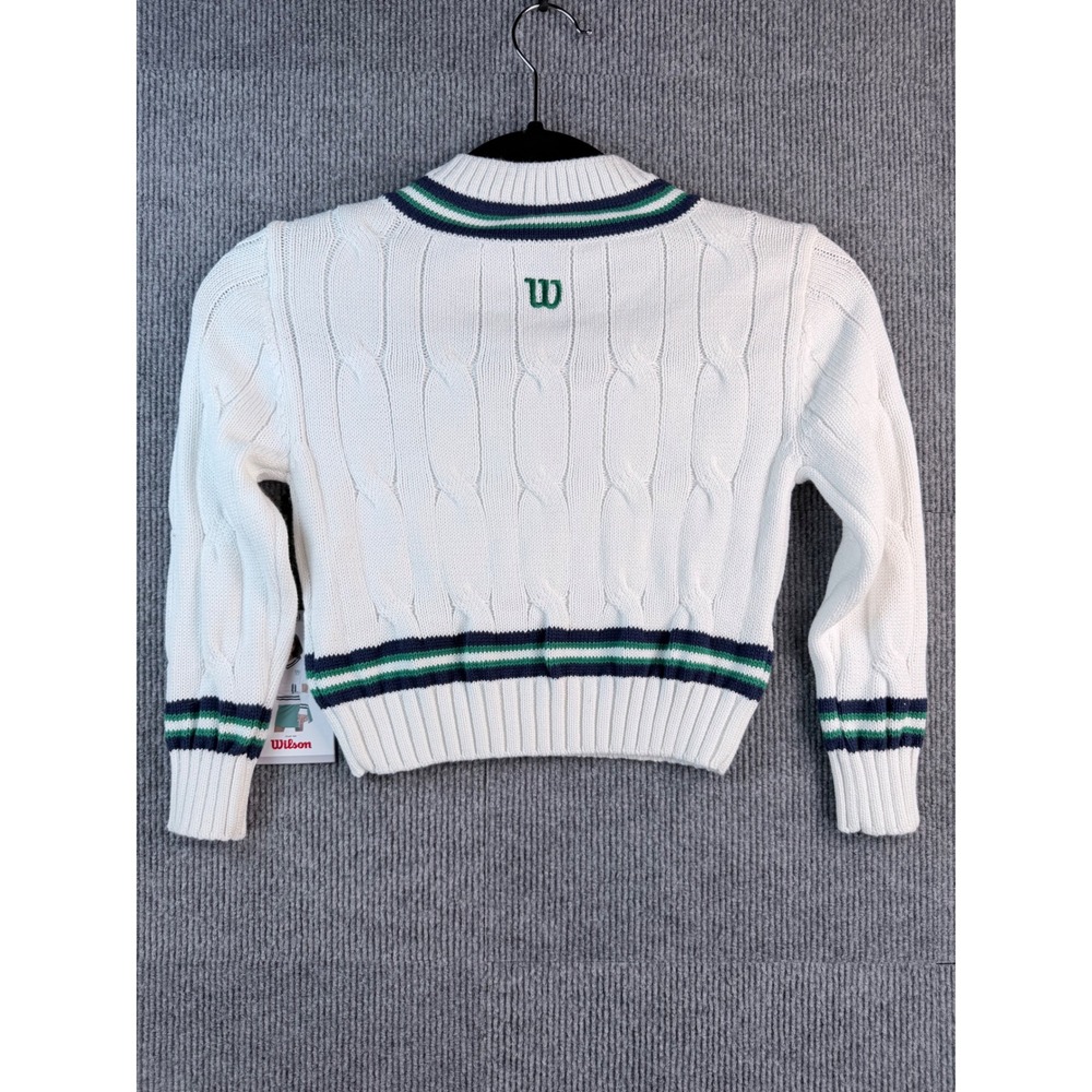 Wilson Kids White V-Neck Cable Knit Sweater Navy Green Stripe Logo XS 4/5 NWT - Picture 8 of 8